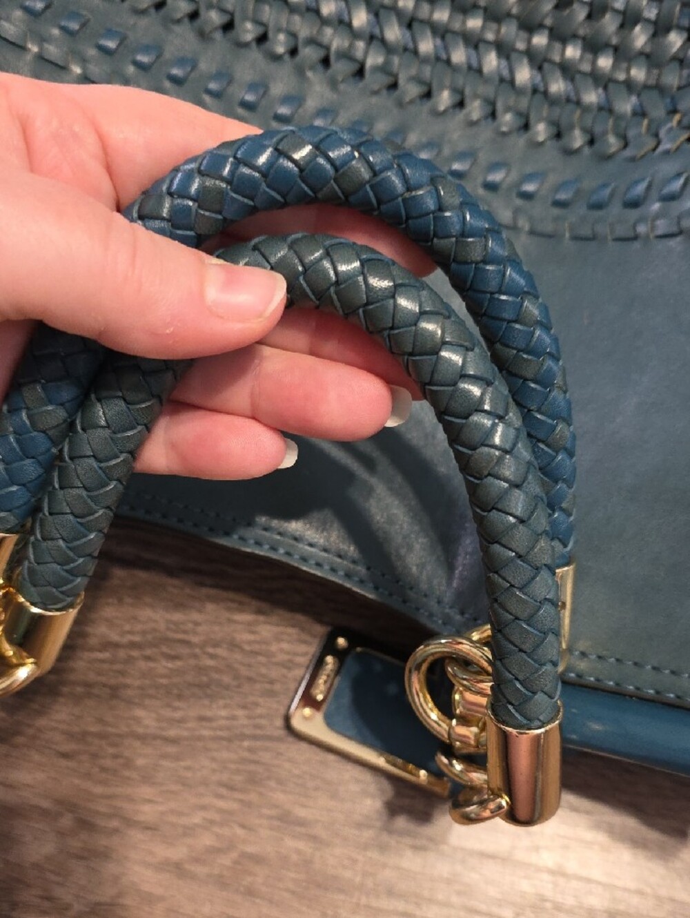 Coach Teal Woven Leather Tote with Gold Hardware - Picture 6 of 13